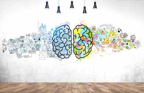 Colorful brain sketch in concrete wall room